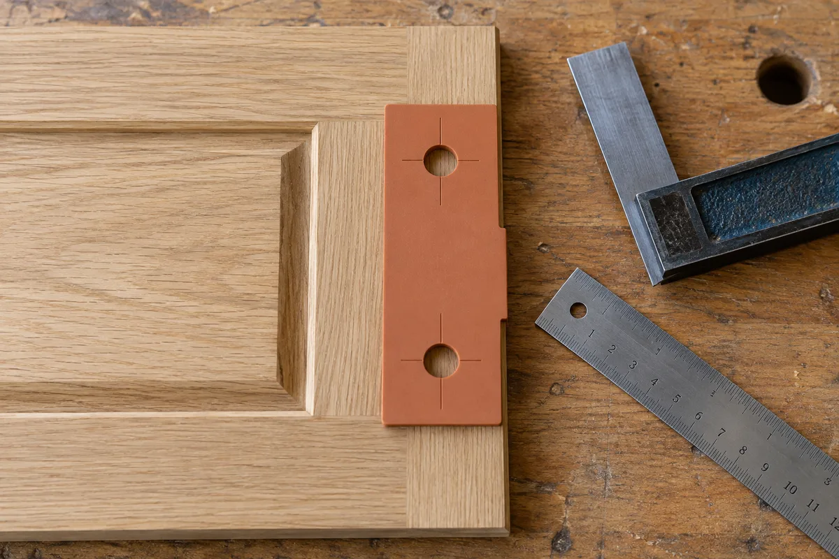 Cabinet template registered against an oak panel edge beside a square and ruler