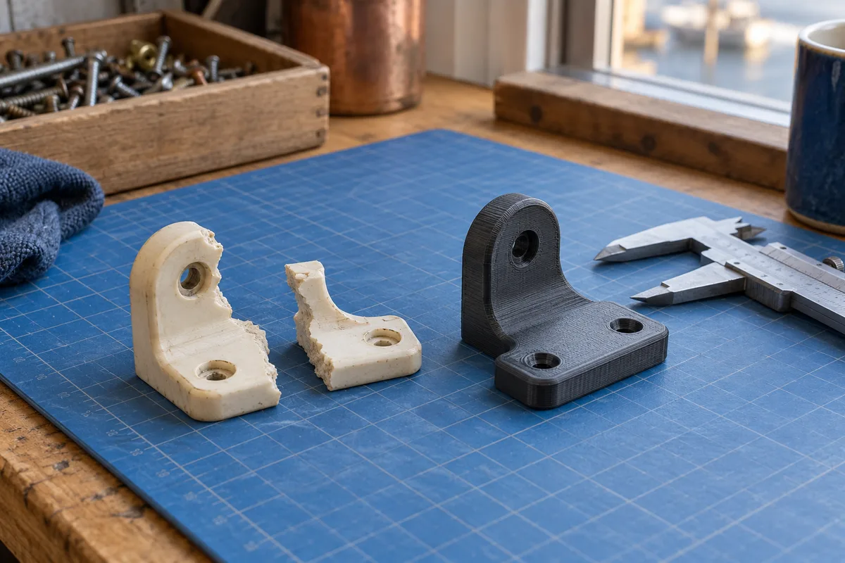 Broken furniture connector fragments beside a printed replacement prototype and calipers