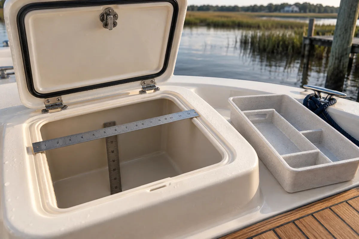 Rulers showing the opening and interior depth of a boat storage compartment