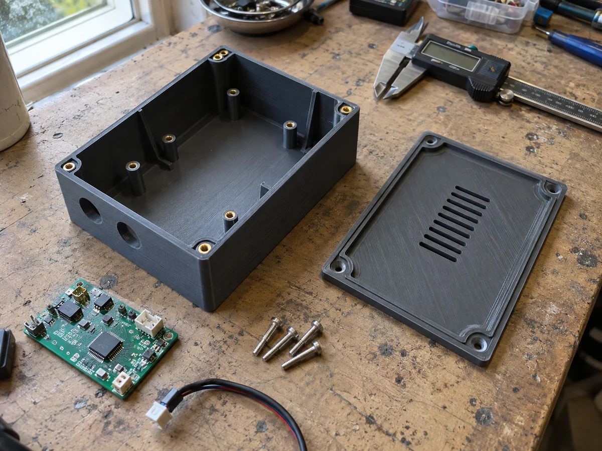 Custom enclosure with internal mounting features and a separate lid
