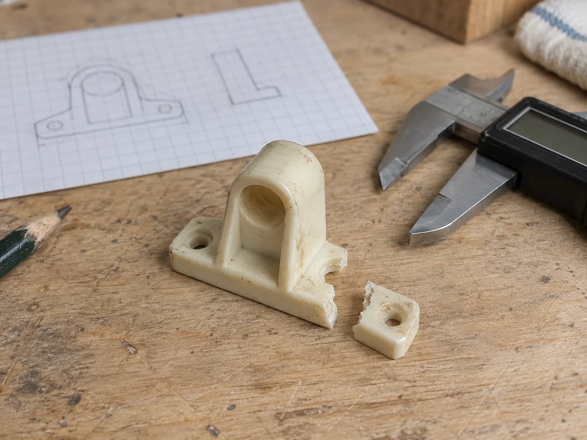 Plastic mounting bracket with a broken screw ear and reference sketch